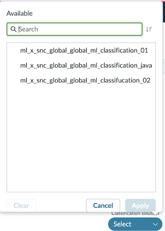 The Classification solution selector is open, displaying names of three Classification solution available for selection.