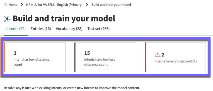 In the Build and train your model phase, the highlighted cards notify the user about several issues with this model's intents.