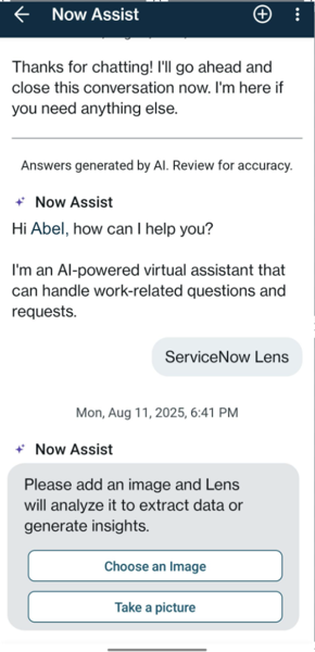 ServiceNow AI Lens service in a Virtual Agent conversation in mobile.