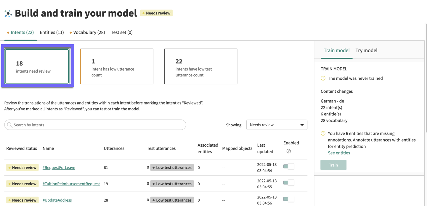 In the Build and train your model phase, the Intents need review card is highlighted. In the list of the model's intents, three intents are marked as Needs review.