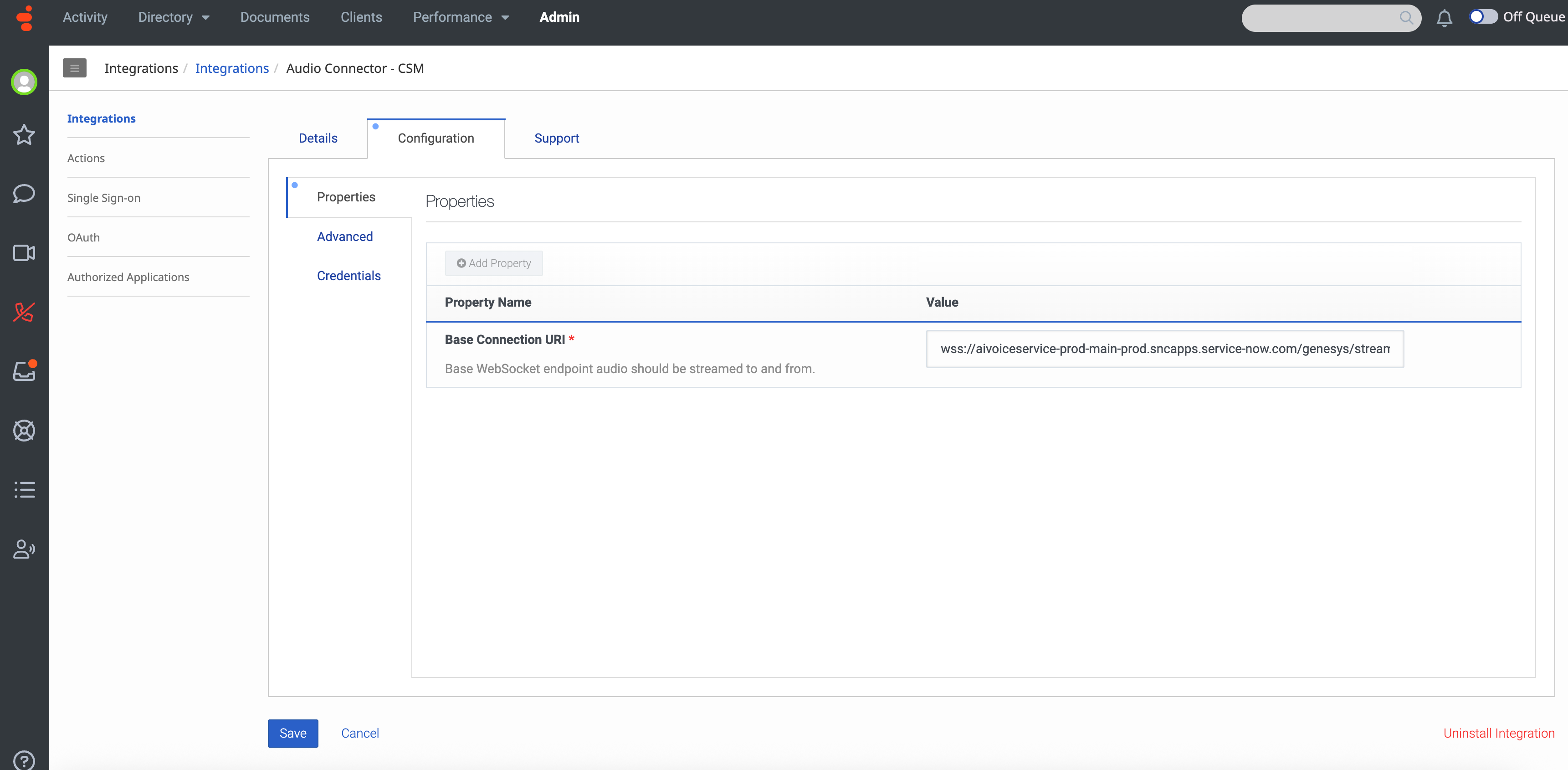 Genesys Cloud サービスでのオーディオコネクタ統合セットアップ。