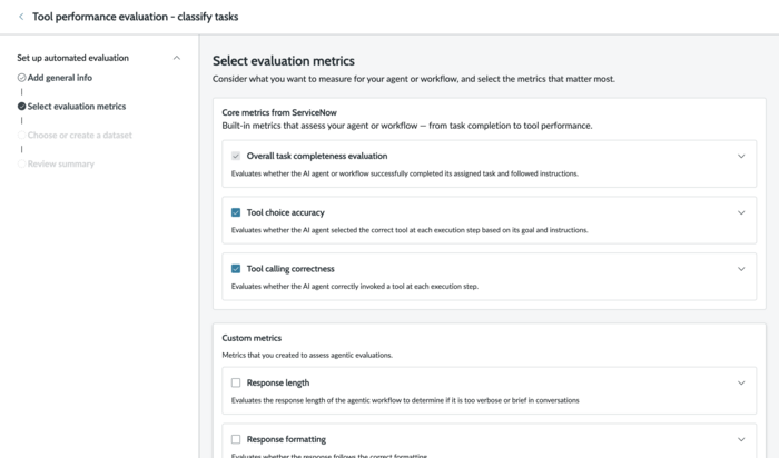 Tool performance evaluation agentic evaluation guided setup step for selecting an evaluation method with four options selected (overall task completeness, tool performance, and tool calling).