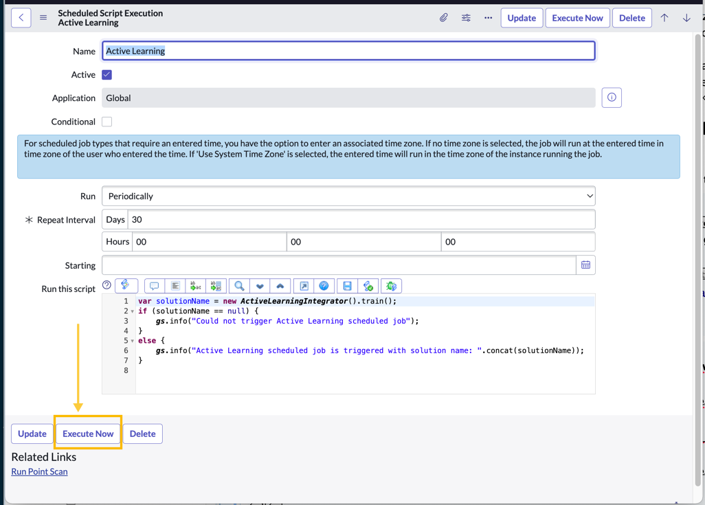 Click the 'Execute Now' button to start the Active Learning job