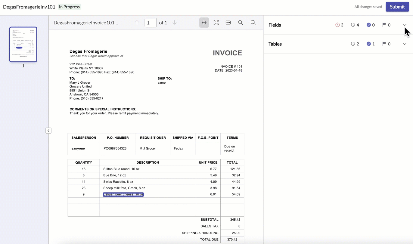 Fields panel in Document Intelligence workspace.
