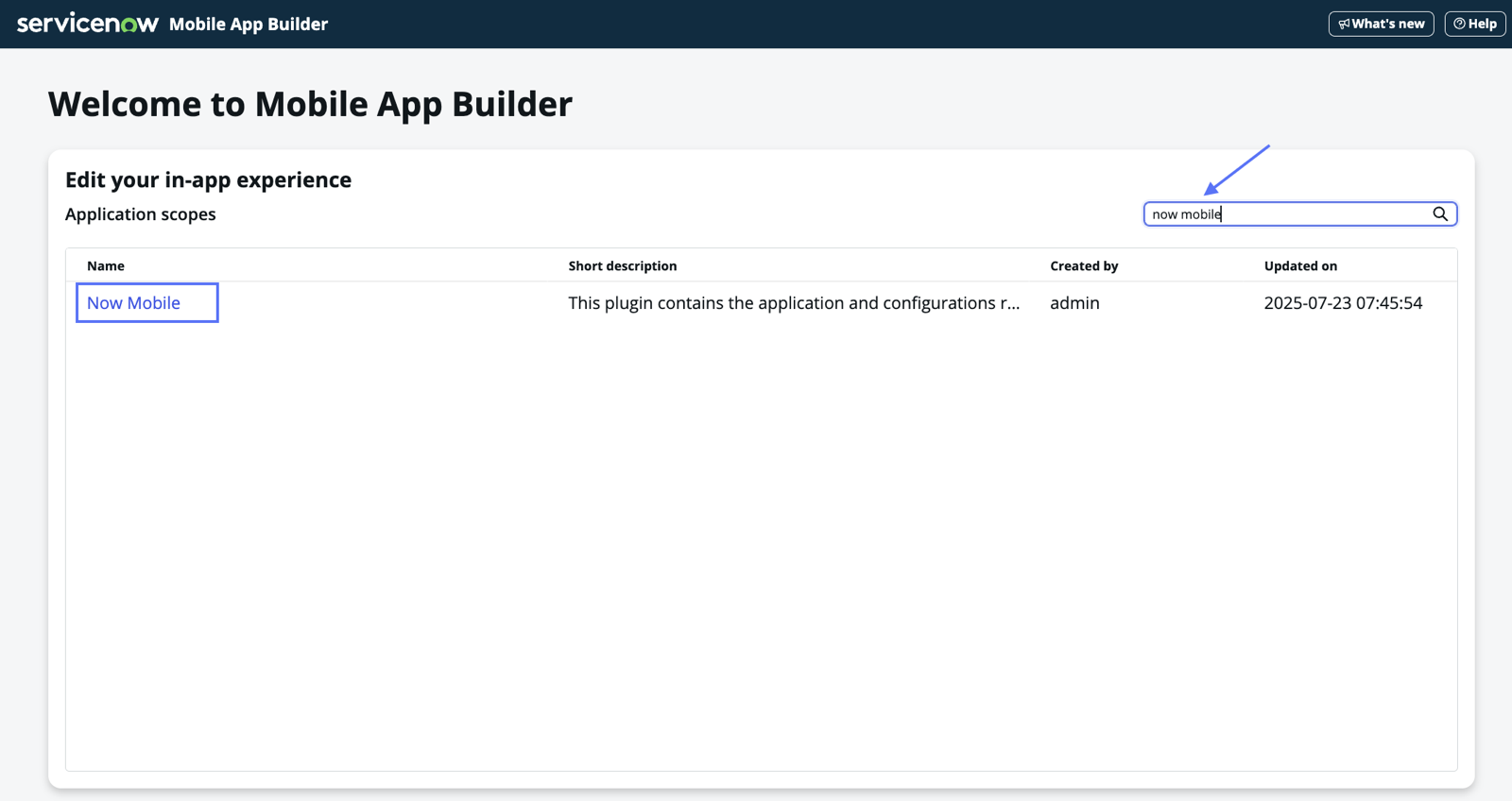 Selecting the Now Mobile app in Mobile App Builder.
