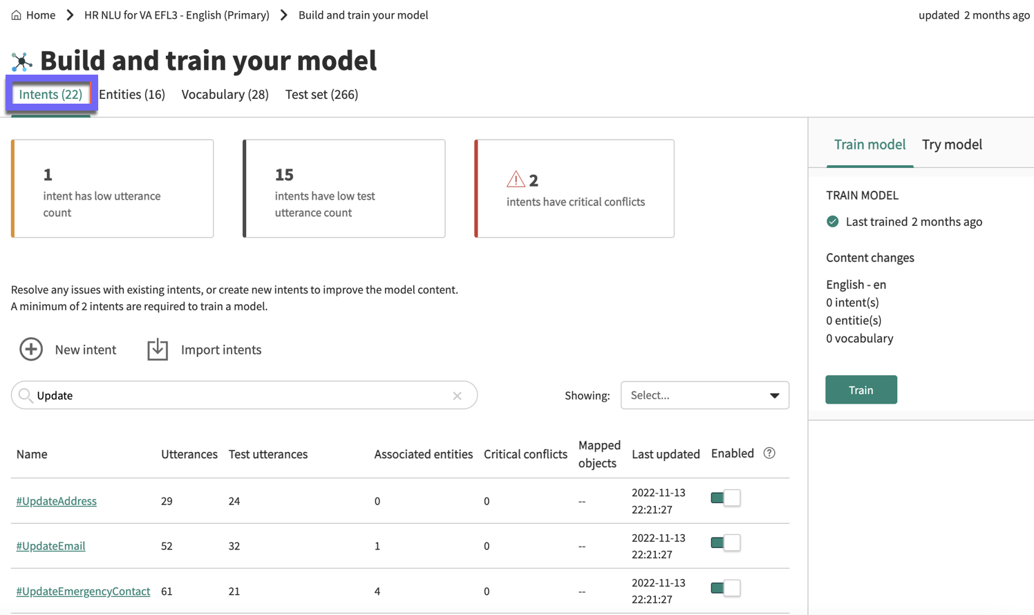 Intents tab of the Build and train your model phase
