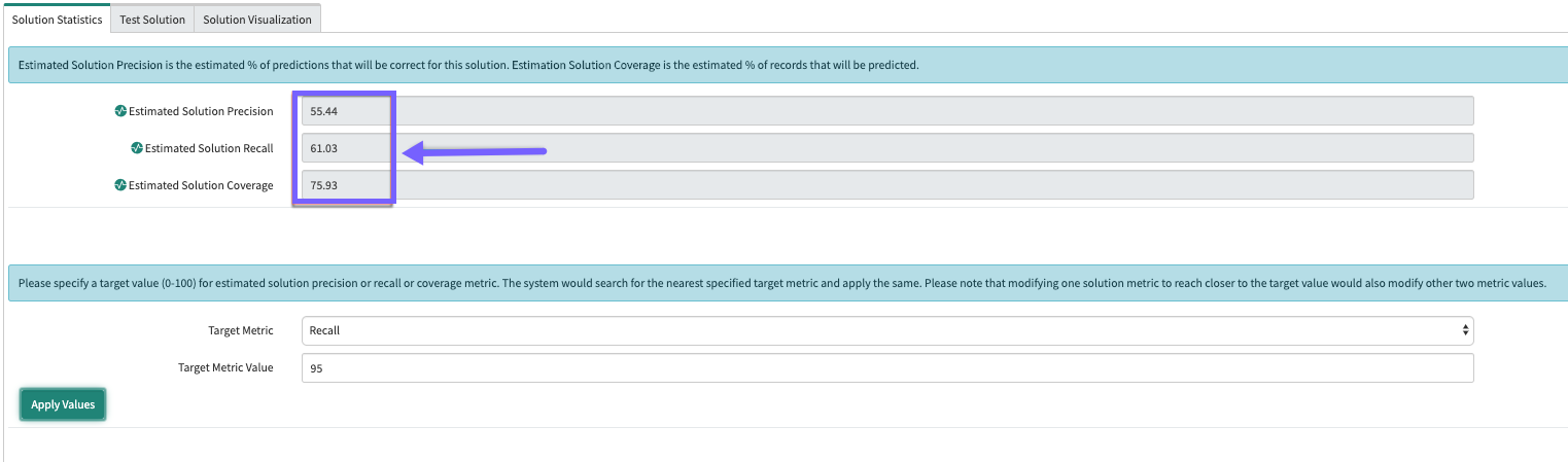 The estimated precision, recall, and coverage values that the system assigned to the solution based on your Recall input value of 95%.
