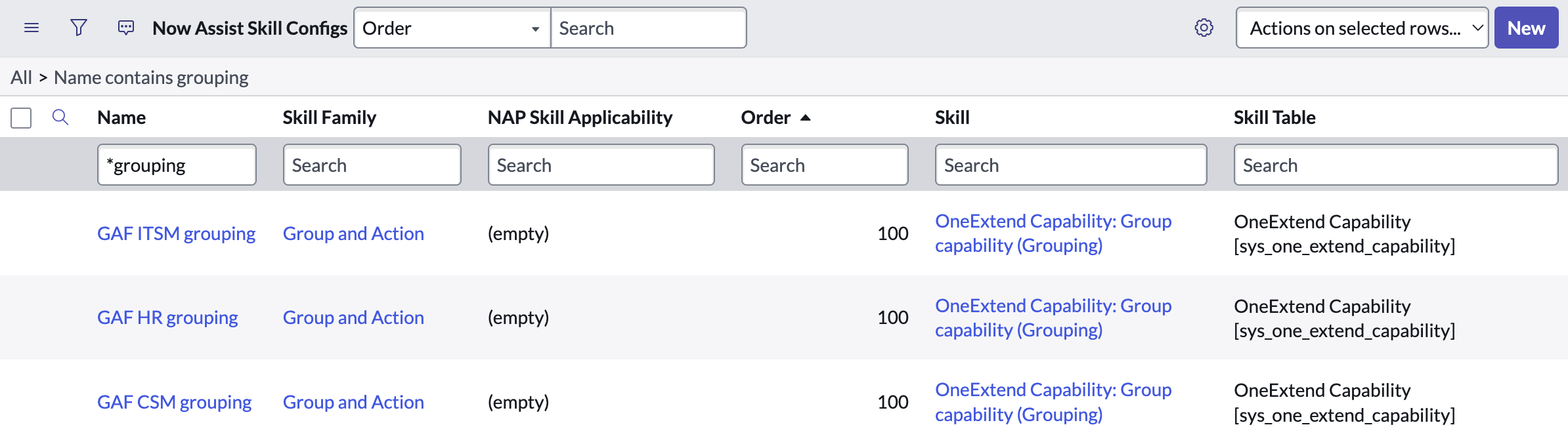 Now Assist Skill Config table filtered by *grouping in the Name field
