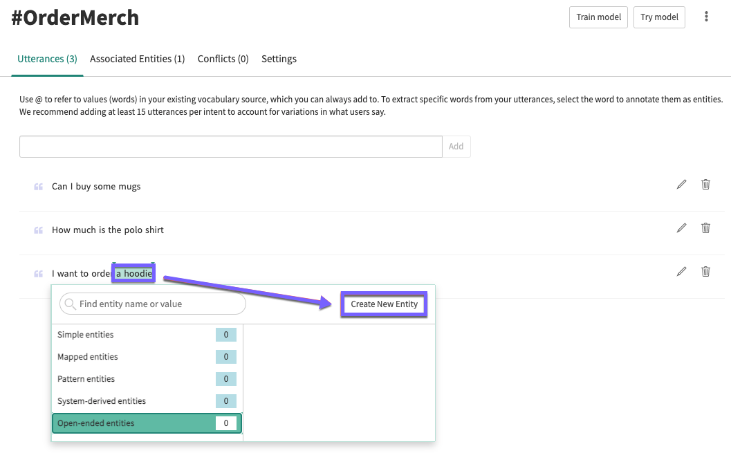 Entity window in the Utterances tab of the Intent details page.