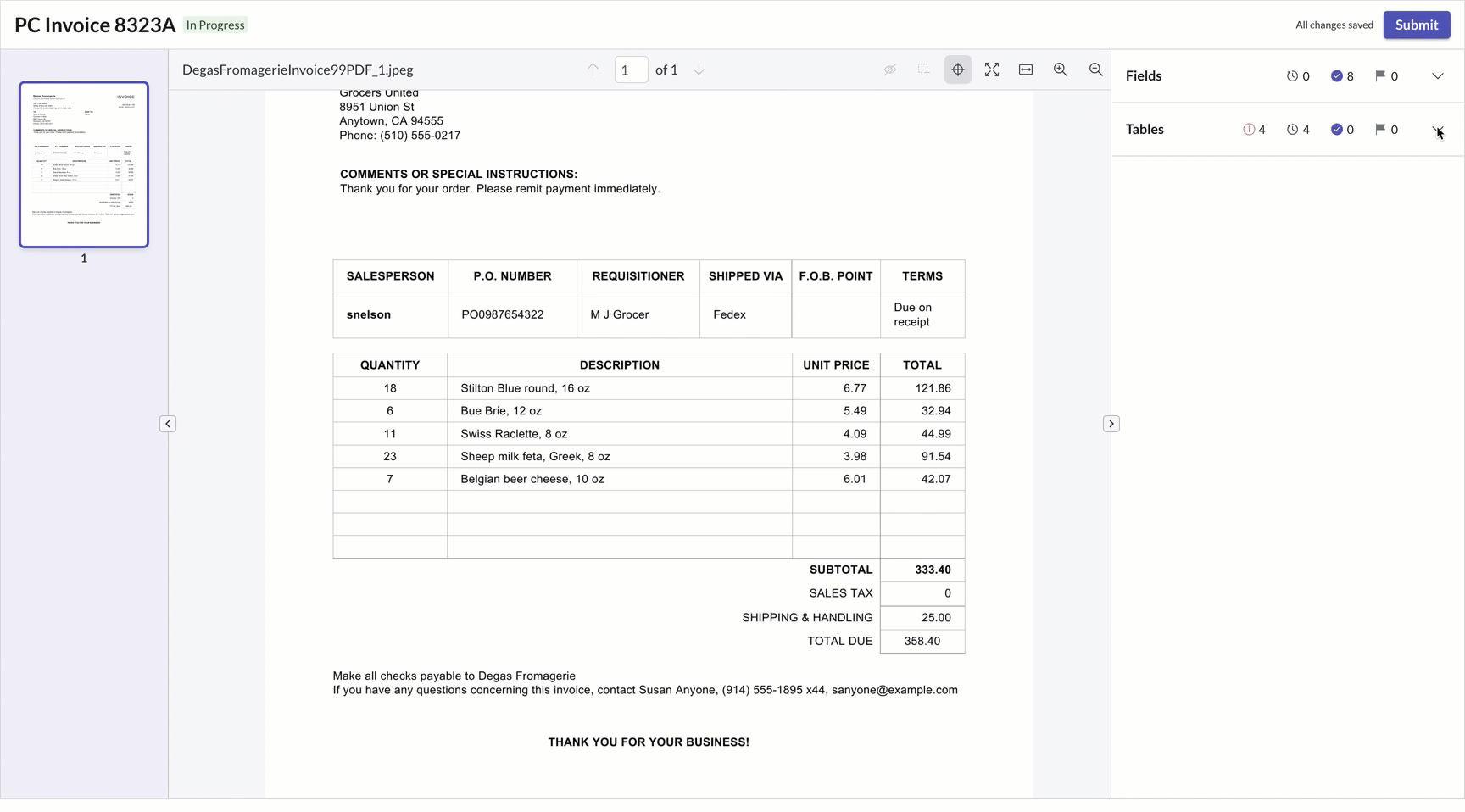 Draw tool creates a grid over the table on the document image.