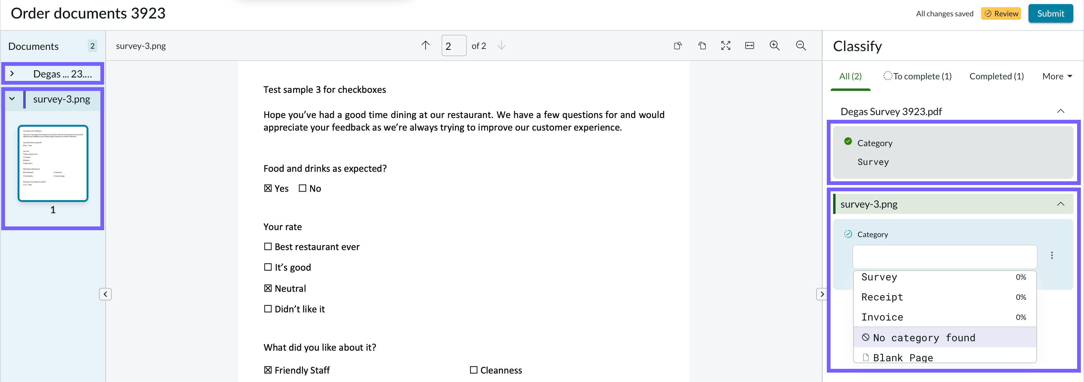 Category fields in the Classify panel corresponding to the documents shown in the thumbnail panel.
