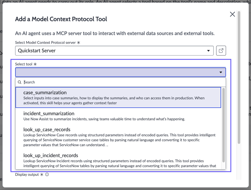Viewing the tools list for the Quickstart Server from an AI agent in AI Agent Studio.