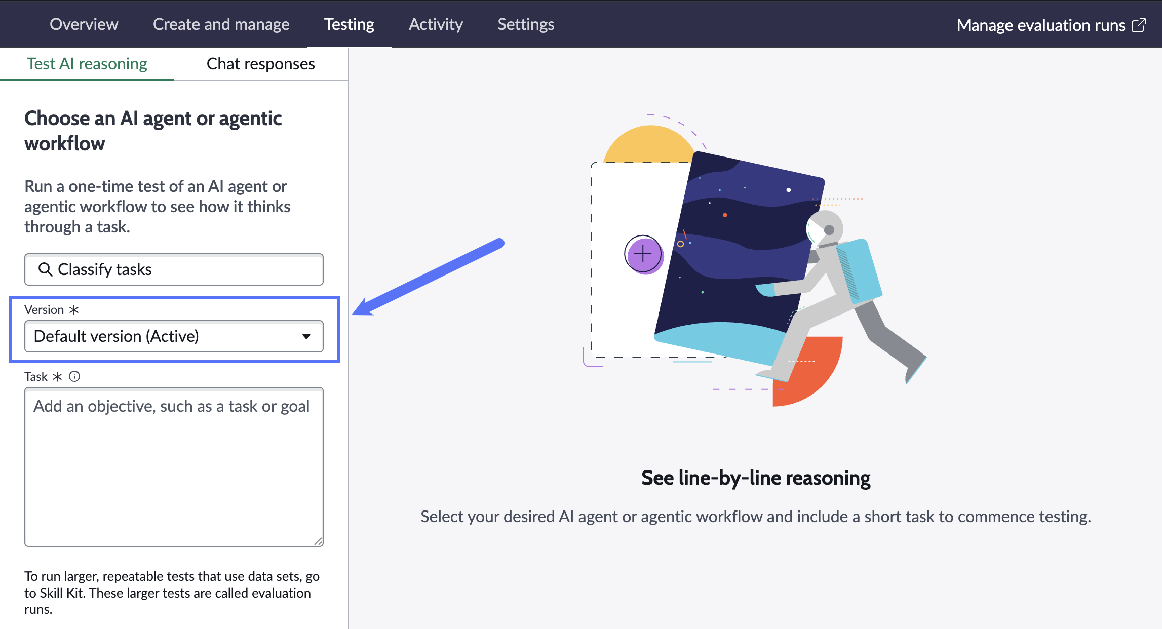 Testing page in AI Agent Studio with a workflow and a version selected
