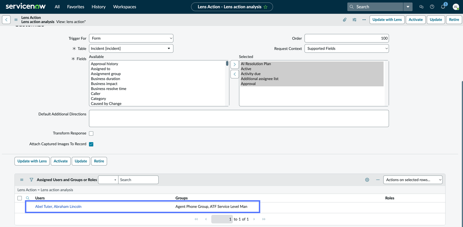 レンズアクションにアサインされたユーザー、グループ、またはロール
