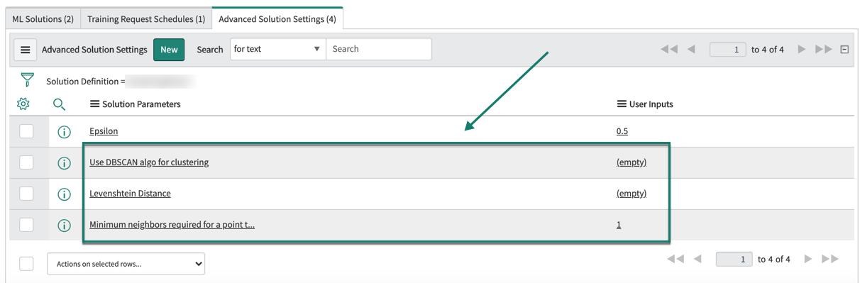 The three solution parameters you configured on the Advanced Solution Settings section of your clustering solution.