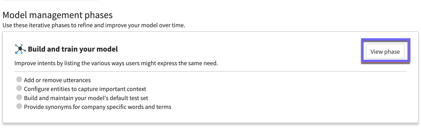 The Build and train your model phase card, on the model overview.