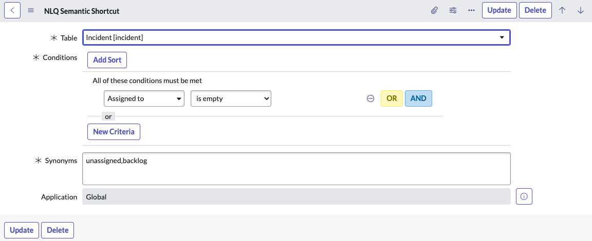 New record form for an NLQ Semantic Shortcut.