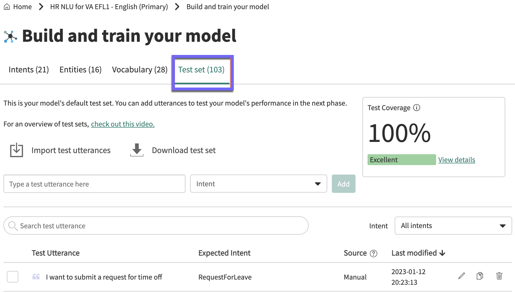 On the NLU model overview page, the Test set tab is highlighted.