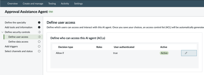 Define user access step for Approval Assistant agent