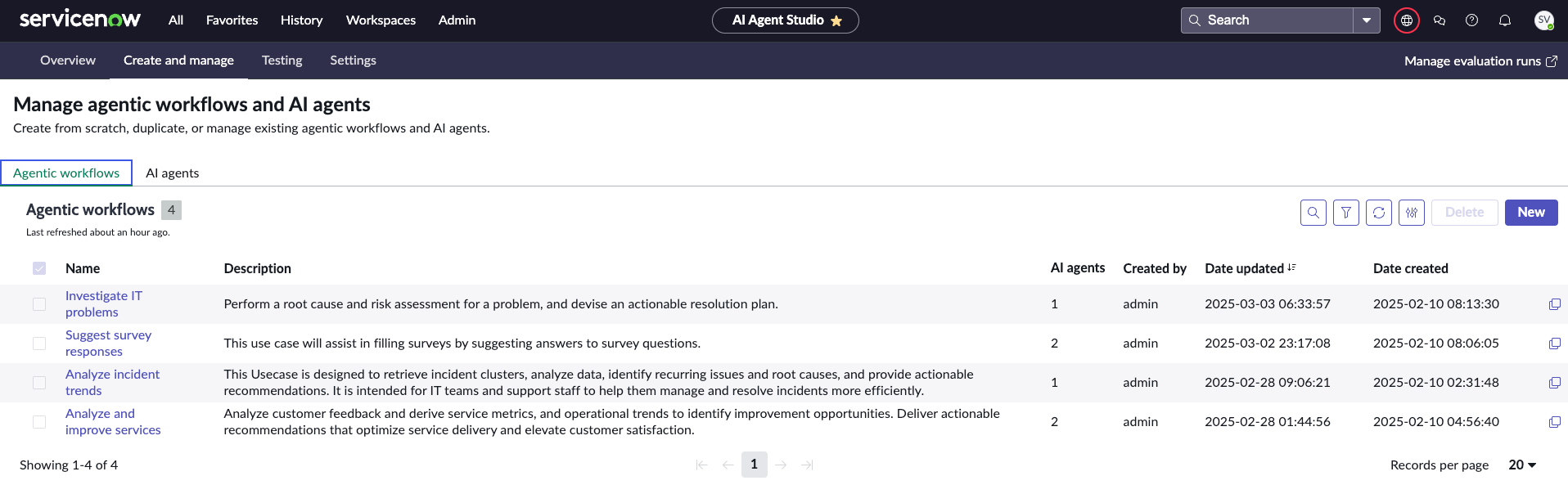 AI Agent Studio create and manage page.