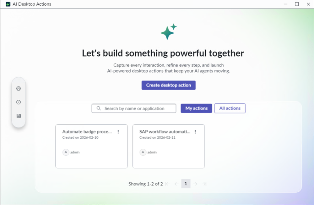 Agentic Desktop home page with Create desktop action UI action, search and filter options, and cards of existing desktop actions.