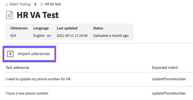 Test set page with import utterances button.