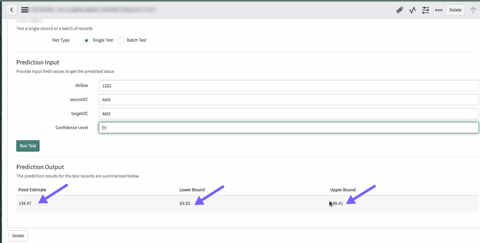 The test output values for the Point Estimate and Range Accuracy predictions.