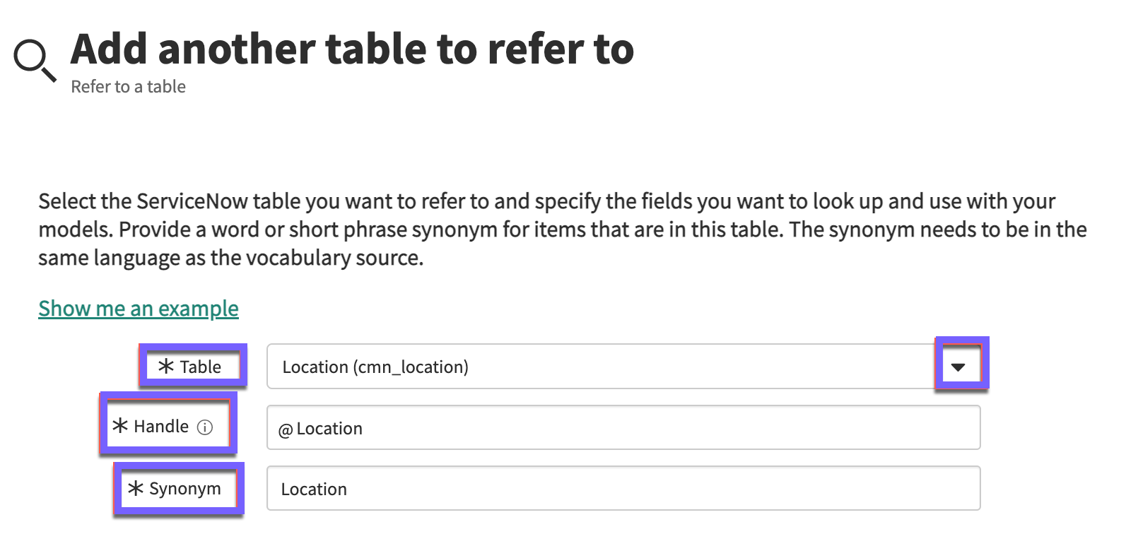 Table, Handle, and Synonym fields on the Add another table to refer to page.