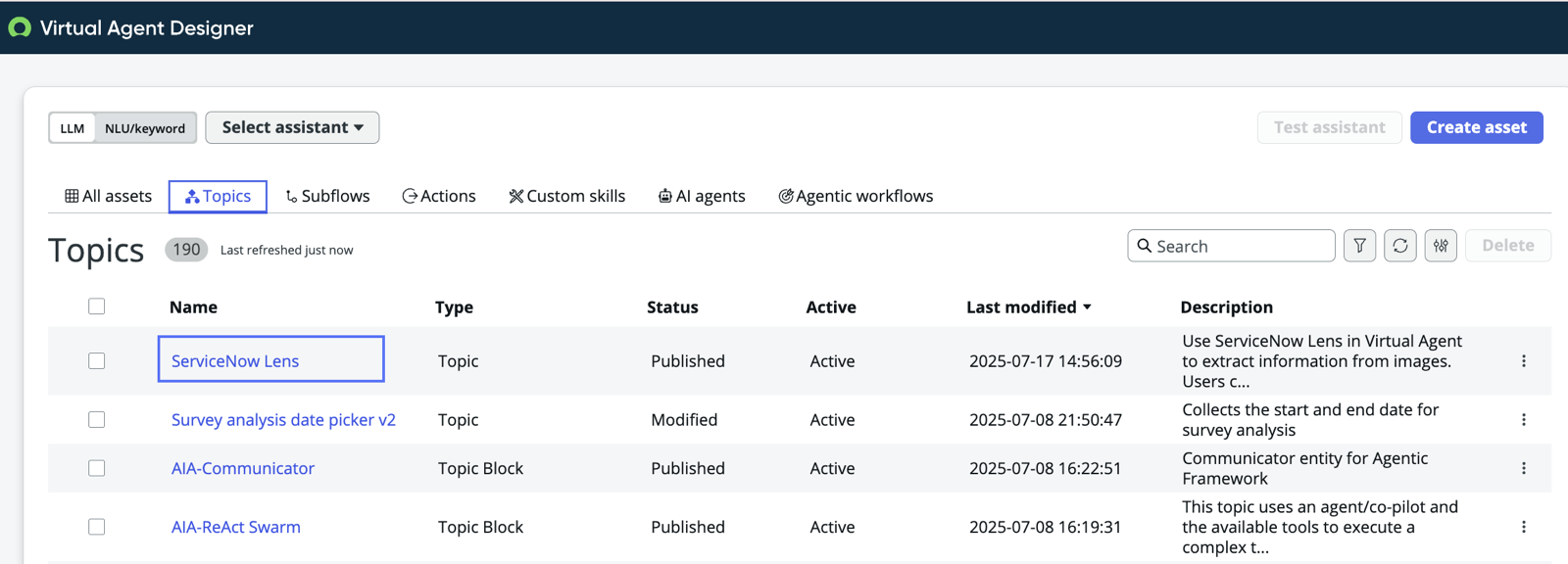 ServiceNow AI Lens topic in Virtual Agent Designer.