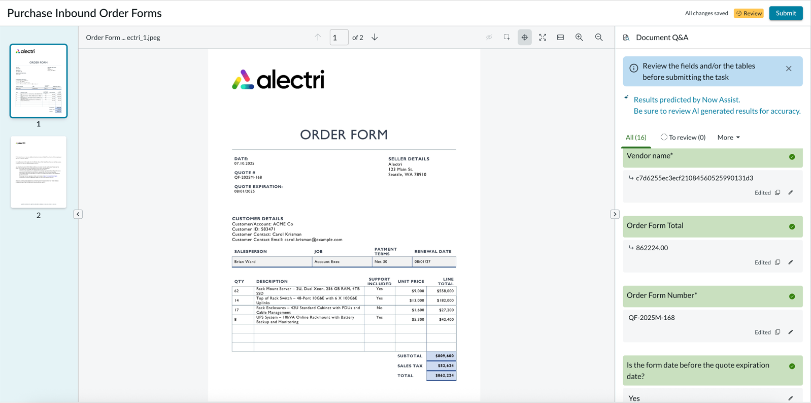 Document Intelligence workspace showing the extracted information on the document image.