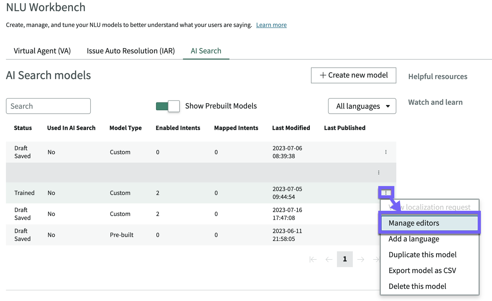 In the NLU Workbench, a model's More options menu is expanded and Manage editors is highlighted.