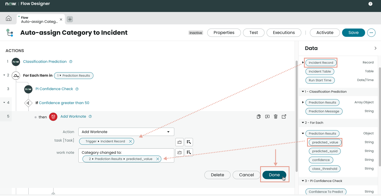 This image shows users how to configure and save the Add Worknote action in the flow