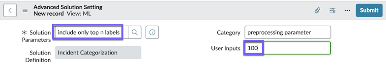 On the Advanced Solution Setting form, the Solution Parameters field and the User Inputs field are highlighted. The User Inputs field displays an example value of 100.