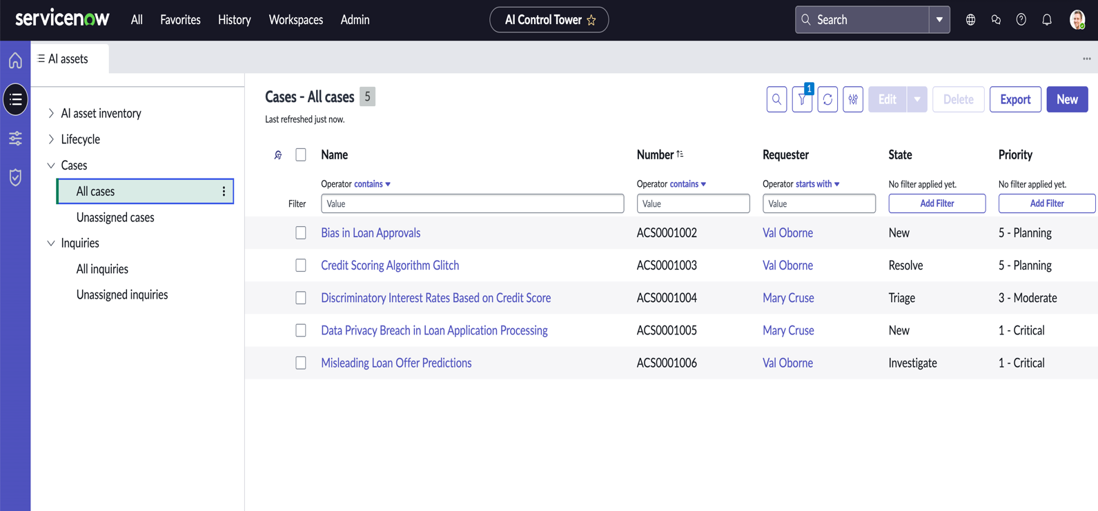 List view of the cases on the AI assets page.