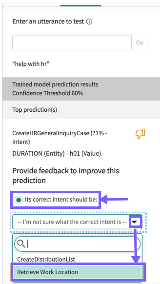Here the user can choose a different intent in the model than the one the system predicted