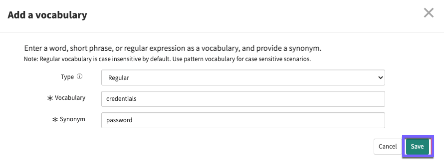 Add a vocabulary window for a regular vocabulary item.