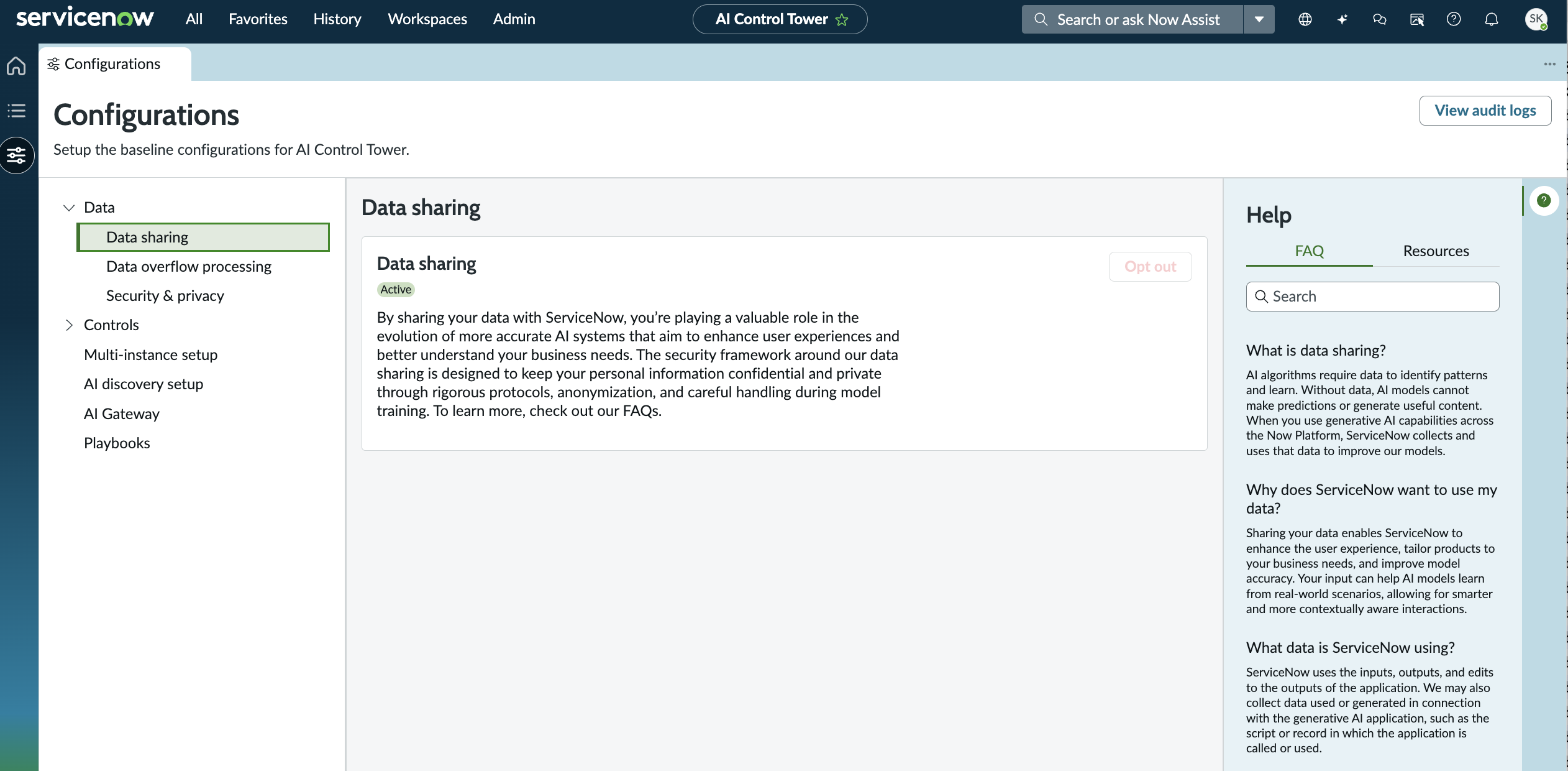 Data sharing on the Configurations screen.