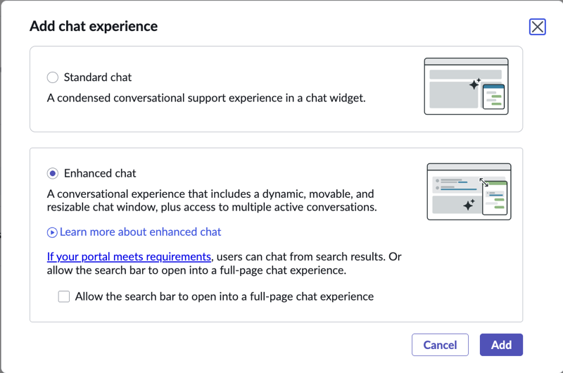 Selecting Enhanced chat option while configuring display experience for a portal.