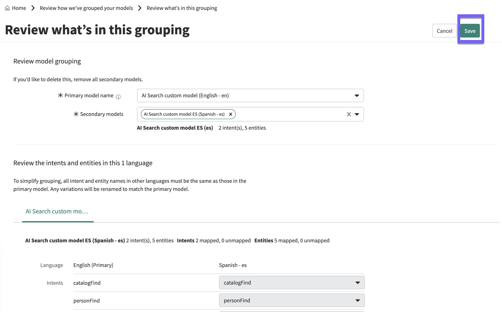 On the page titled Review what's in this grouping, the Save button is highlighted.