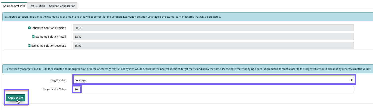 How to set the Coverage metric to 70%.