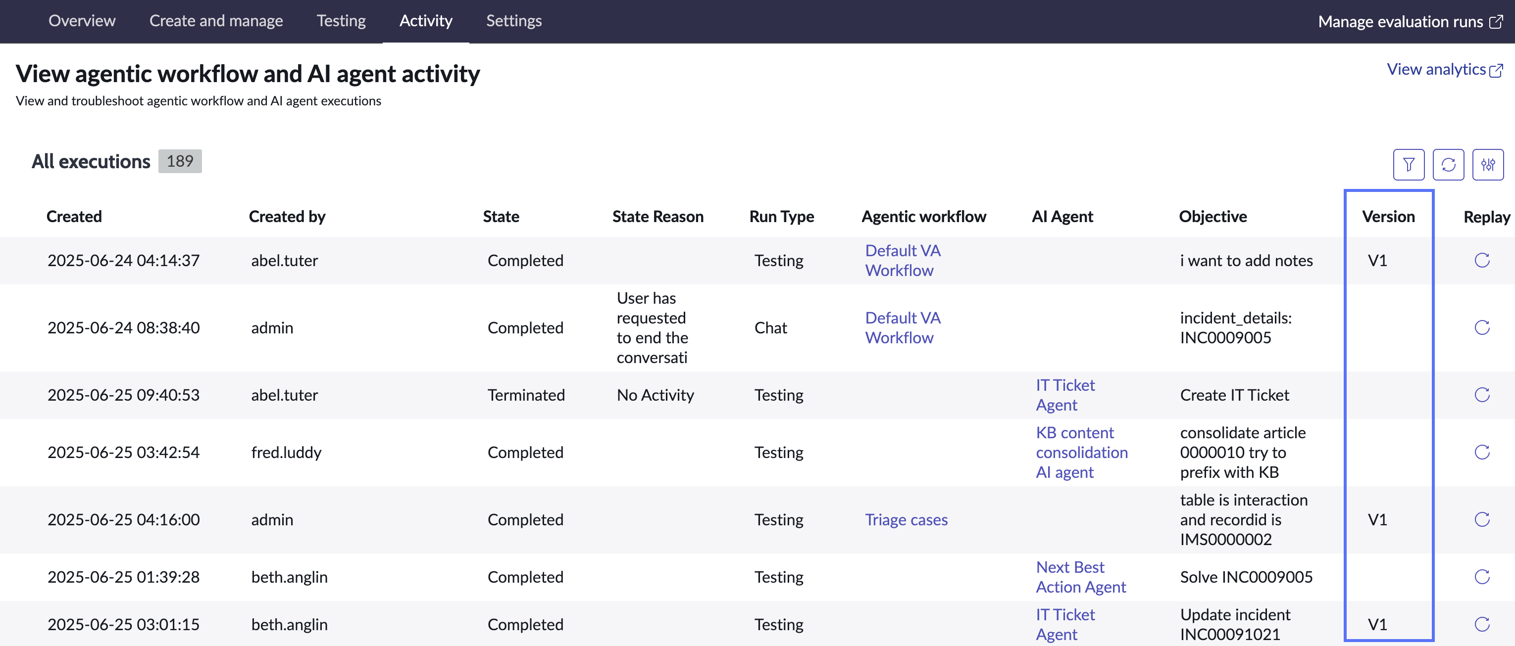 Activity page of AI Agent Studio with the versions column highlighted