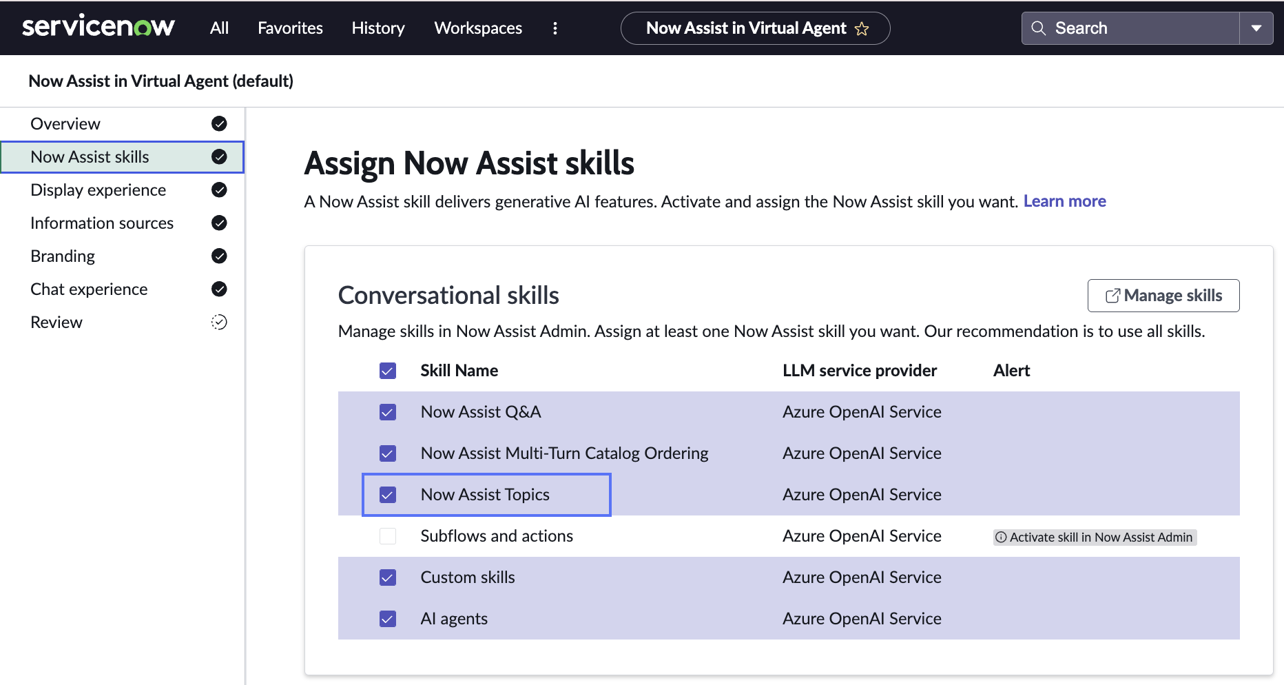 Selected Now Assist Topics from the Now Assist Skills tab.