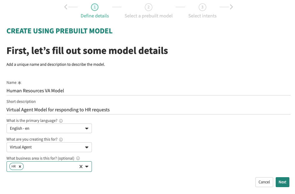 Define details page for creating a model using a pre-built model.