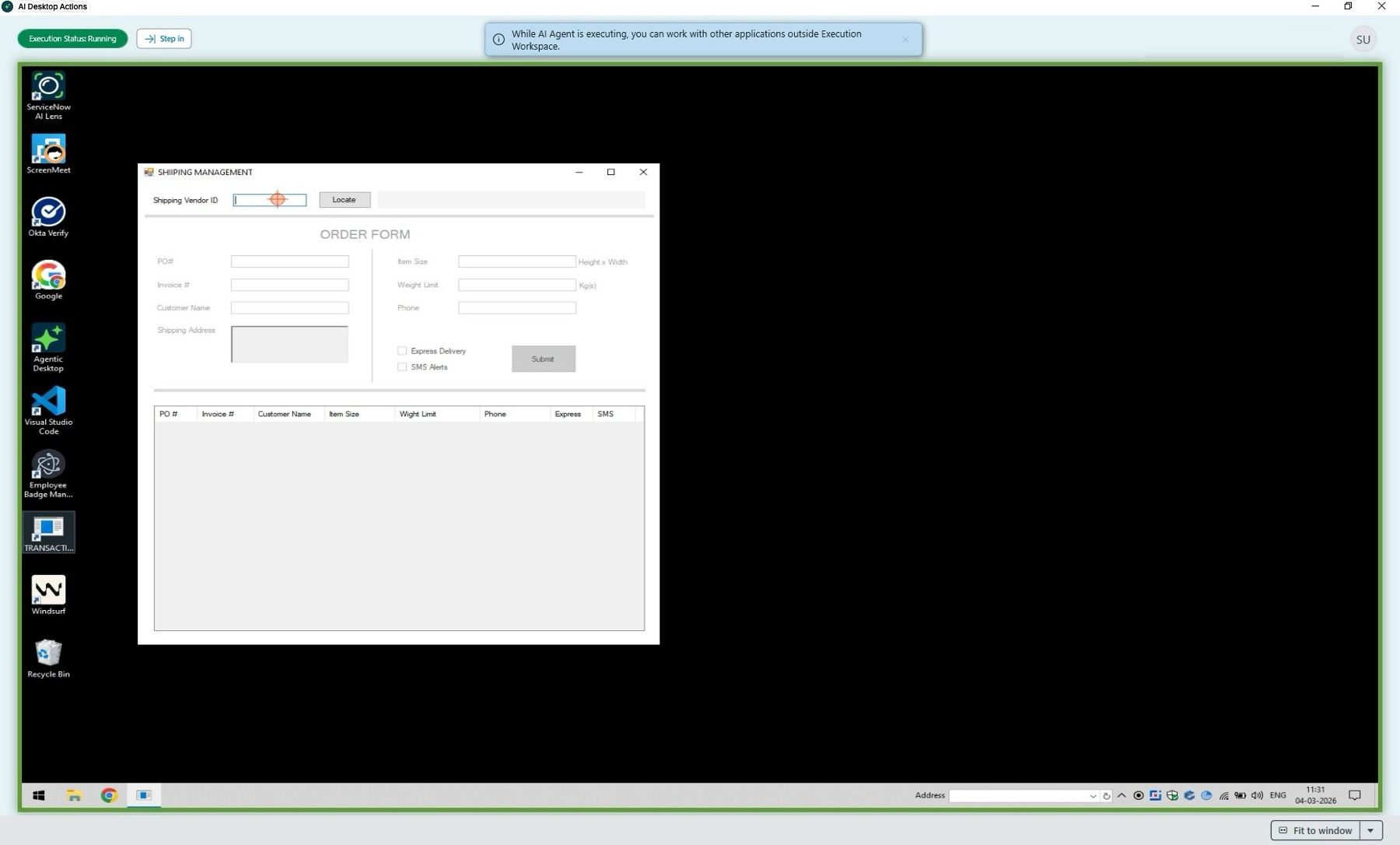 Agentic Desktop showing the Shipping Management app with fields on a Windows 10 background.