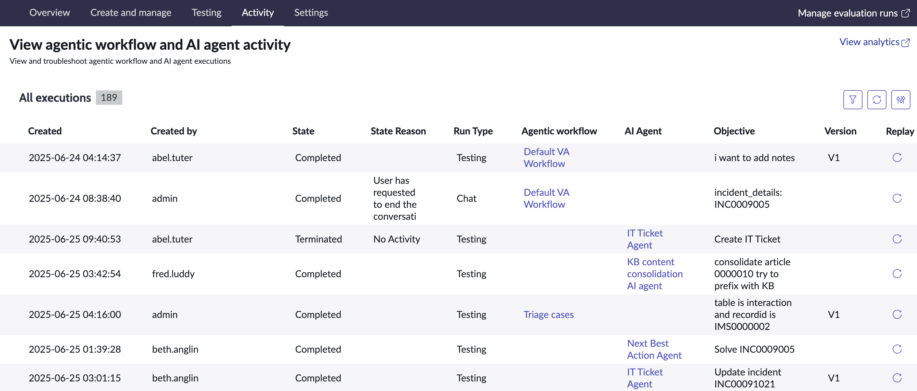 AI Agent Studio activity page with list of AI agent and agentic workflow executions.