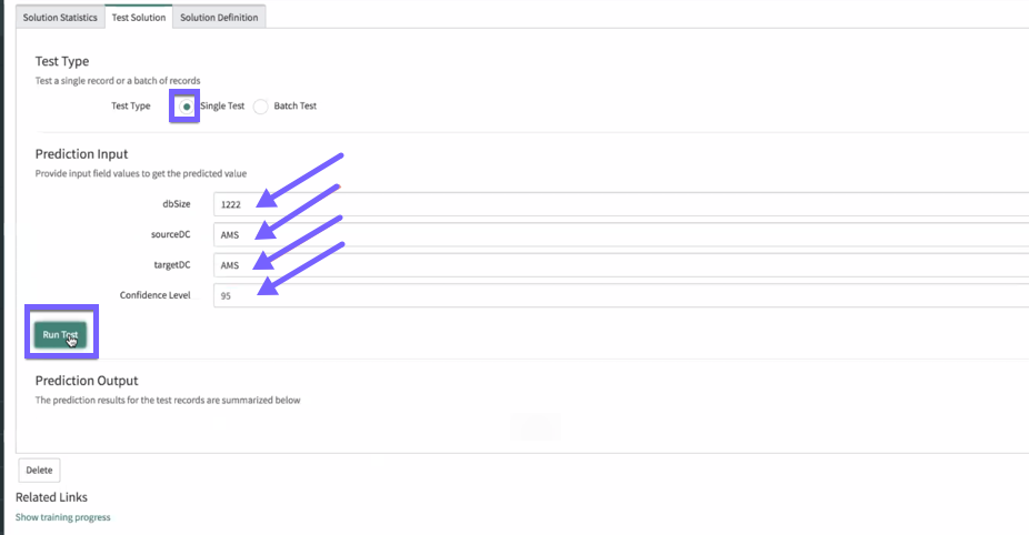The values you need to enter in order to run a prediction output test.