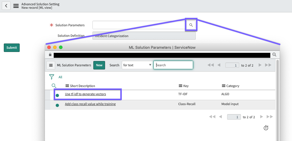 How to create the parameter record by selecting the Search button, and then selecting the TF-IDF key Short Description.