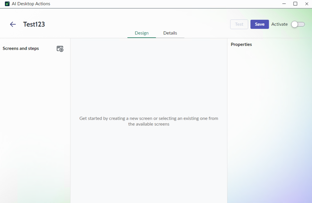 Design workspace in a state when no screenshot is captured.