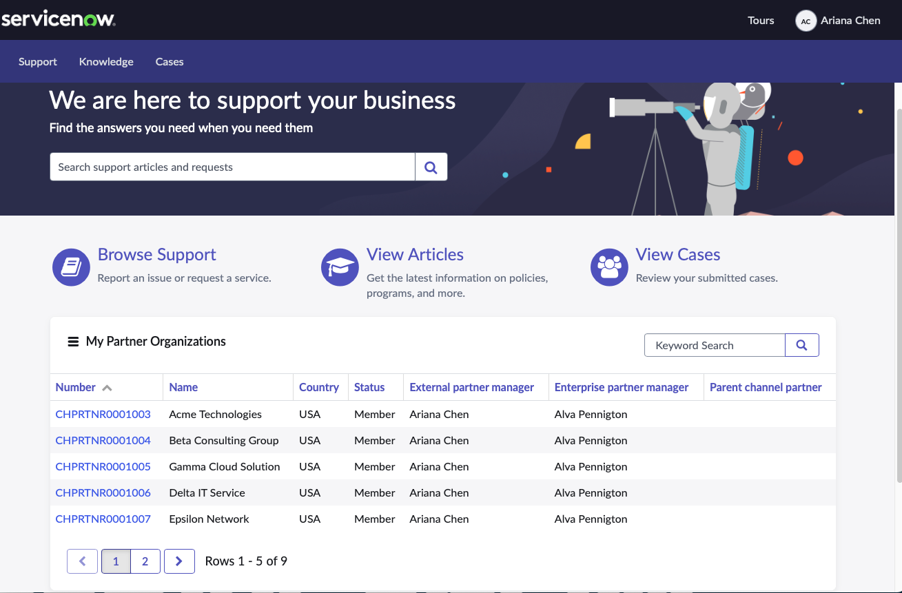 Partner portal UI displaying a list of partner organizations and other related information.