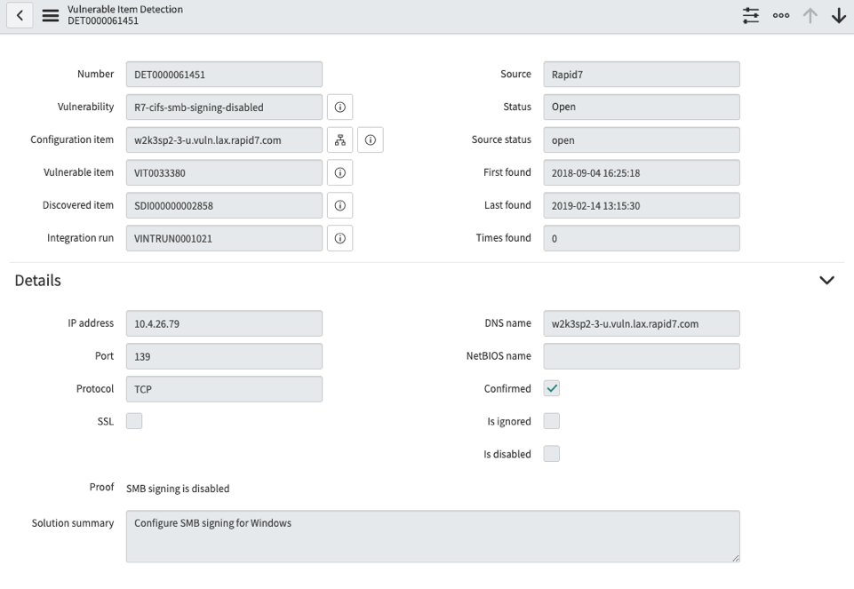Rapid7 detection record with solution